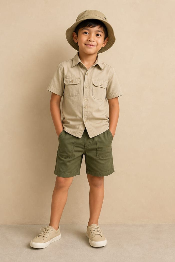 A child's khaki explorer shirt and shorts
