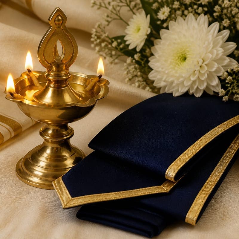 The Nightingale lamp beside a folded navy sash