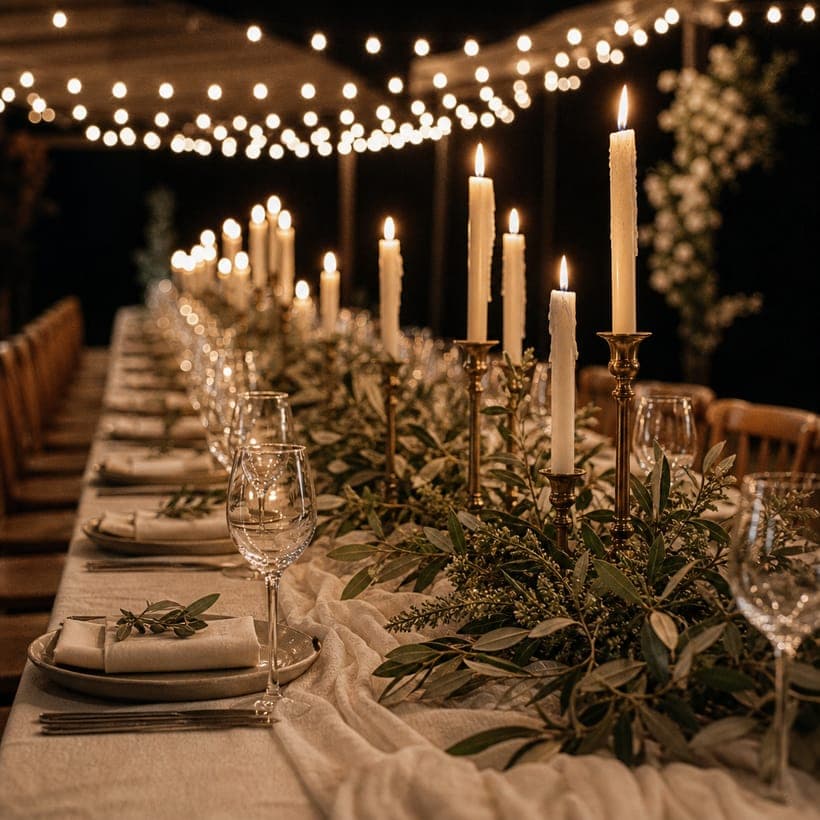 The long table under string lights at dusk
