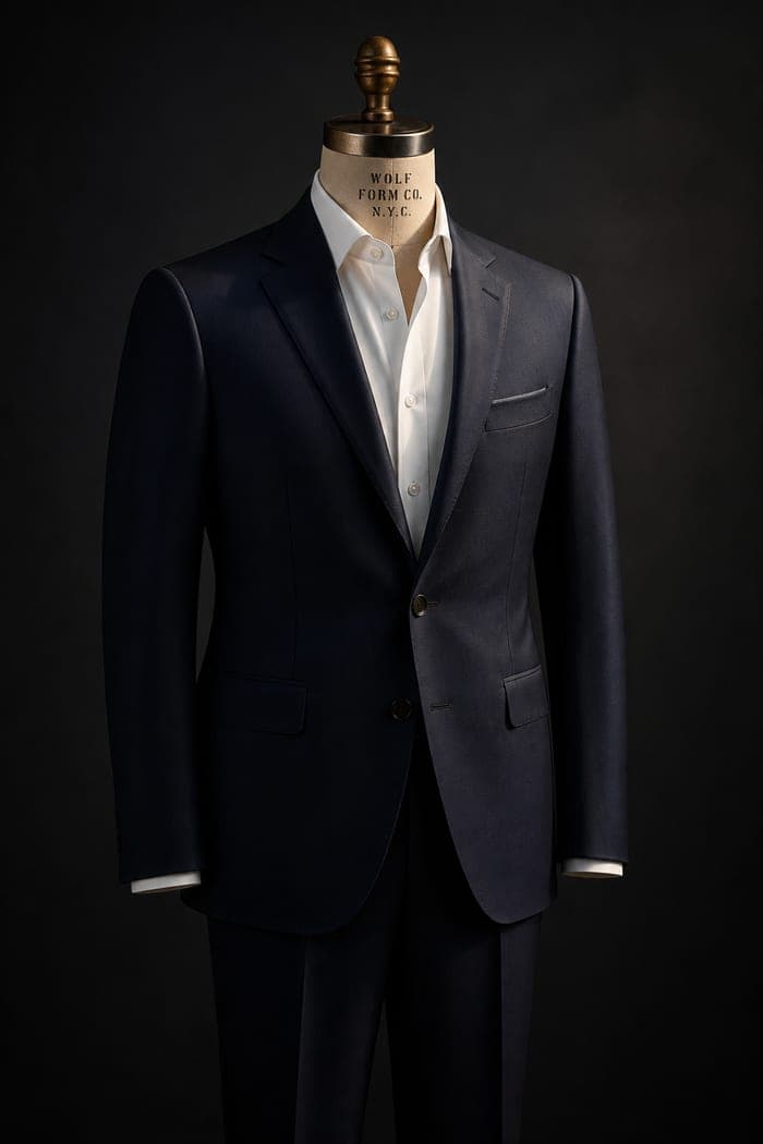 A midnight navy suit and white shirt on a dress form