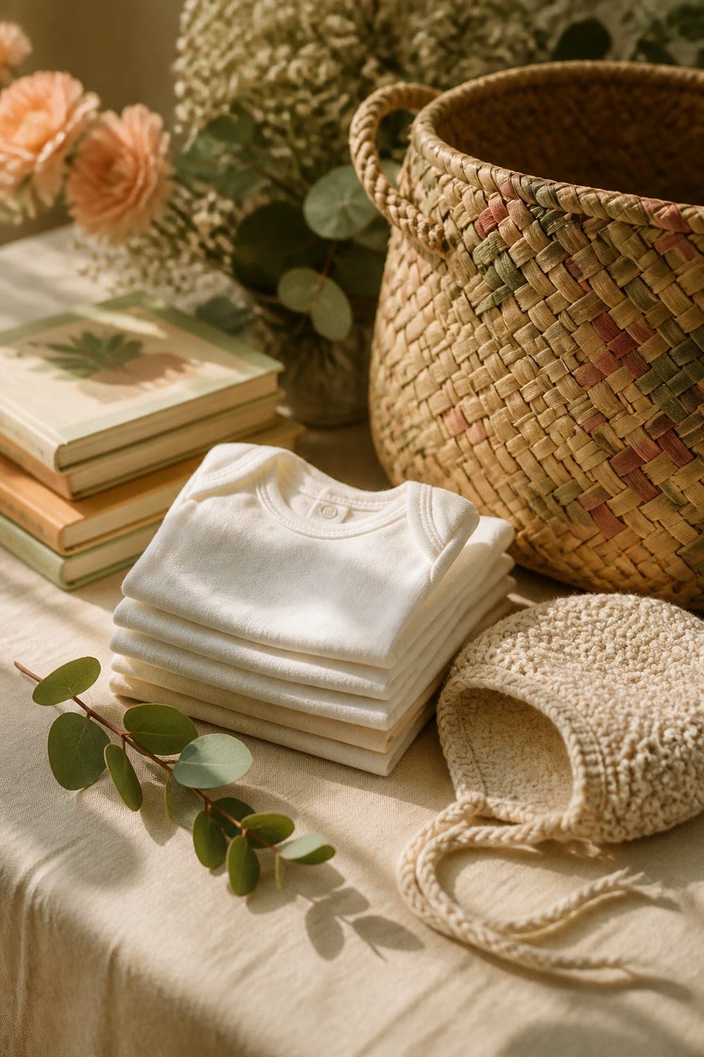 A nursery corner with a rattan bassinet and folded blankets