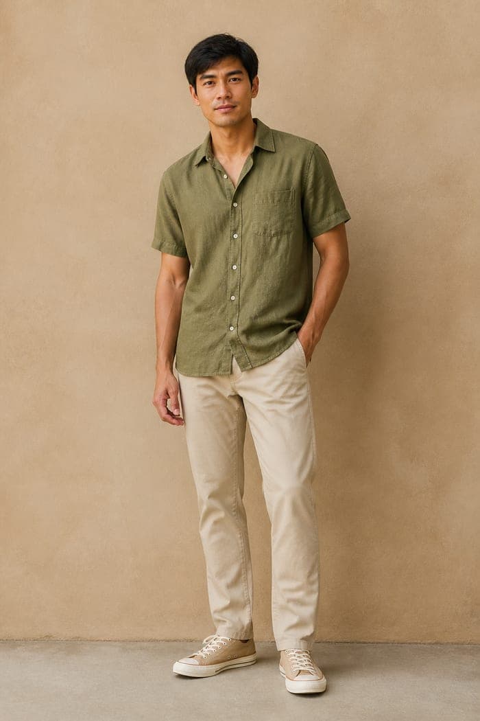 An olive linen shirt on a dress form