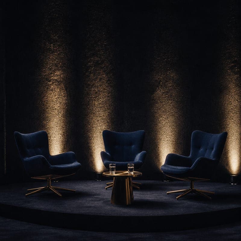The panel set, three chairs on a dark stage