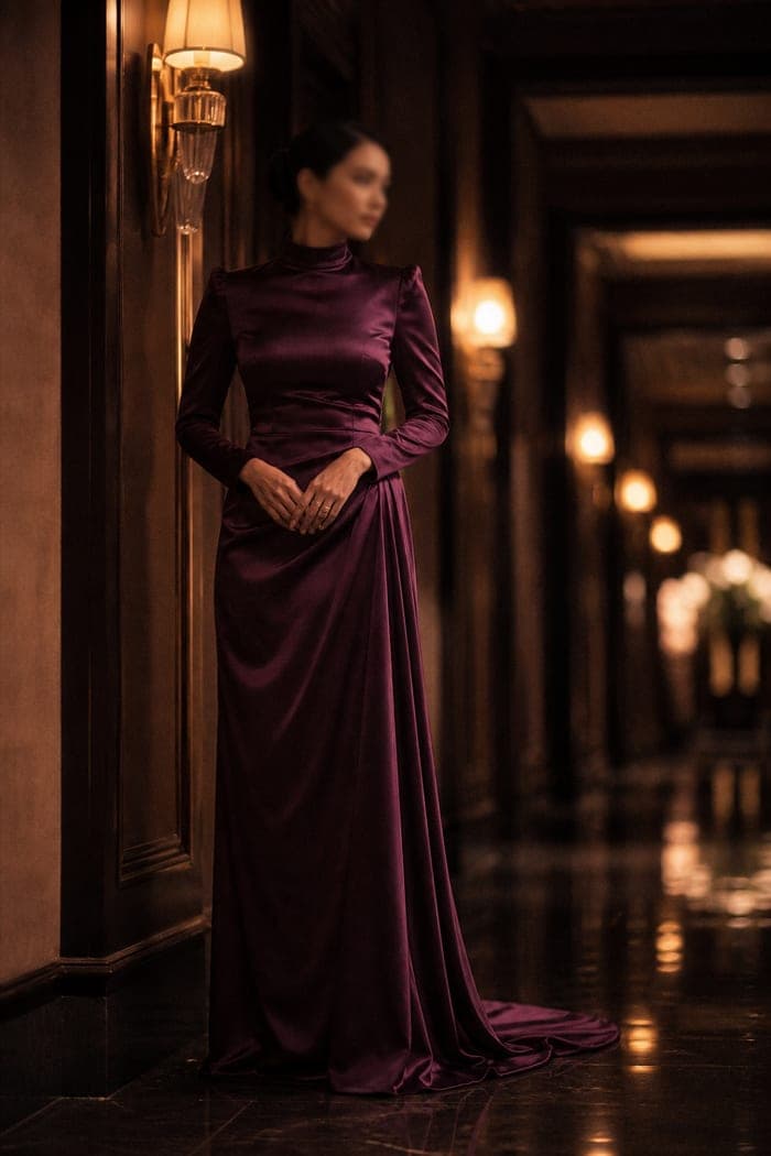 Guest in a plum velvet floor-length gown
