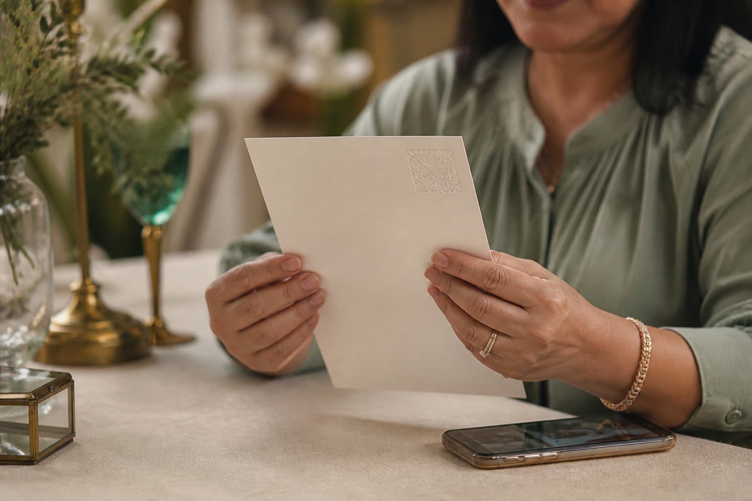 A woman in a sage blouse holding a cream printed invitation card with a small embossed square in the corner, a phone on the table beside her