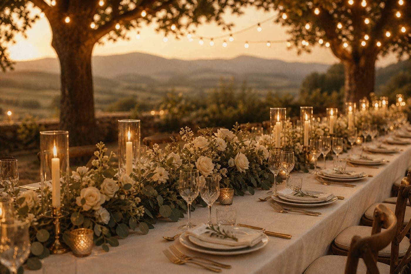 The long reception table at golden hour