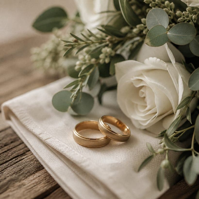 The rings on a linen napkin with olive and sage