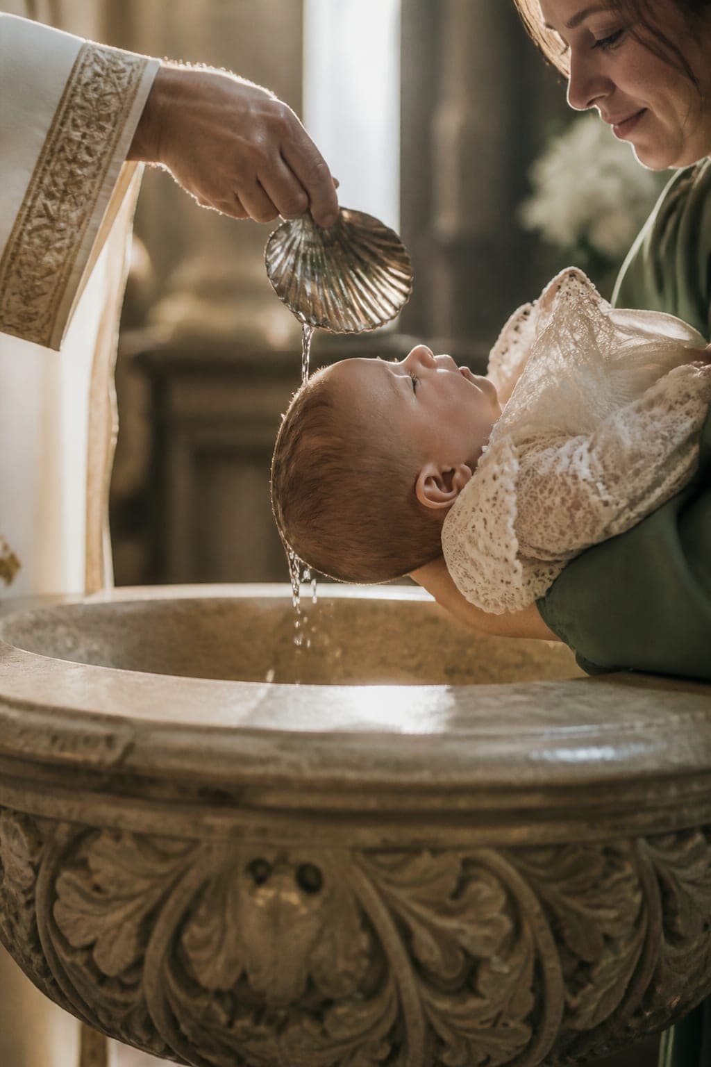 A priest pouring water at the baptismal font