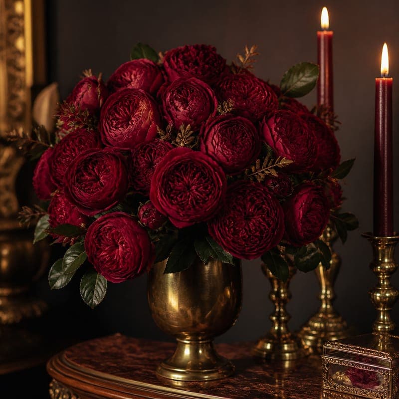 Garnet roses in a low bowl