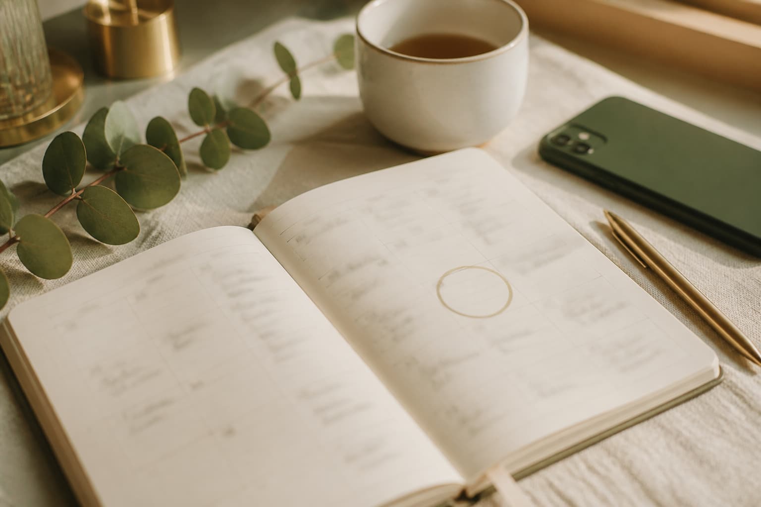 An open desk planner on linen with one date circled in brass ink, a pen, eucalyptus and a cup of tea