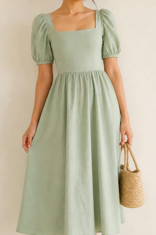 A sage green midi dress on a dress form
