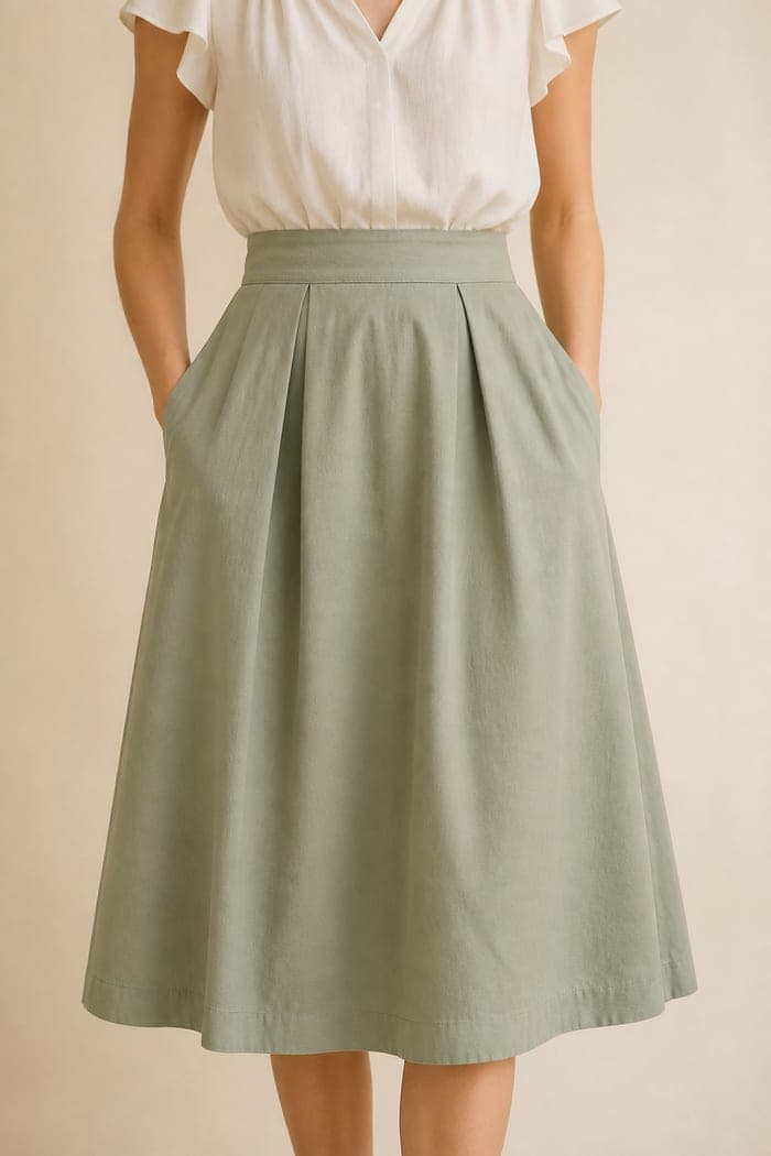 A sage cotton midi dress on a dress form