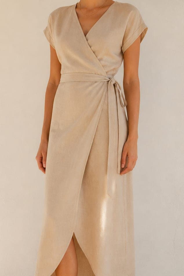 A sand linen shirt and trousers on a dress form