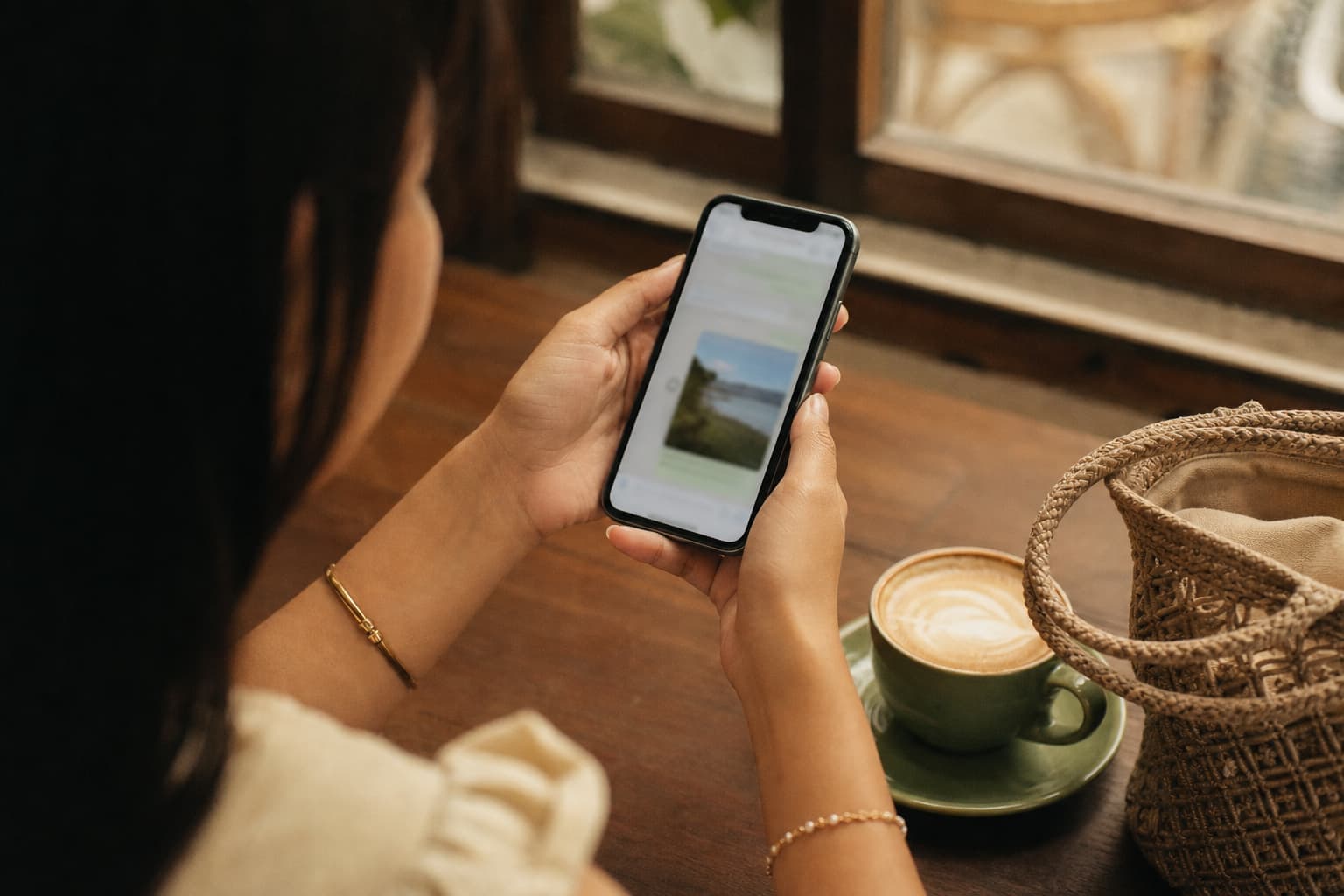 A woman's hands holding a phone in a cafe, a chat thread on screen with a large image preview card in it