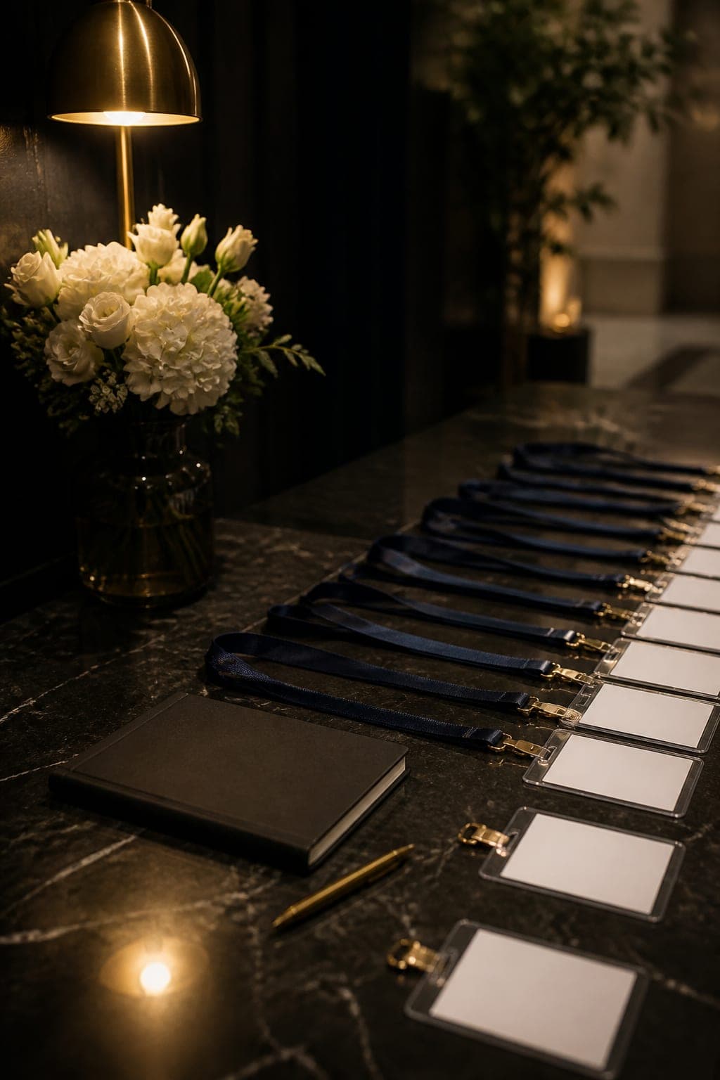The registration desk, badges laid out on dark marble
