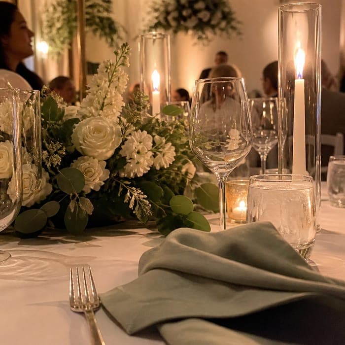 A table set with candles and flowers