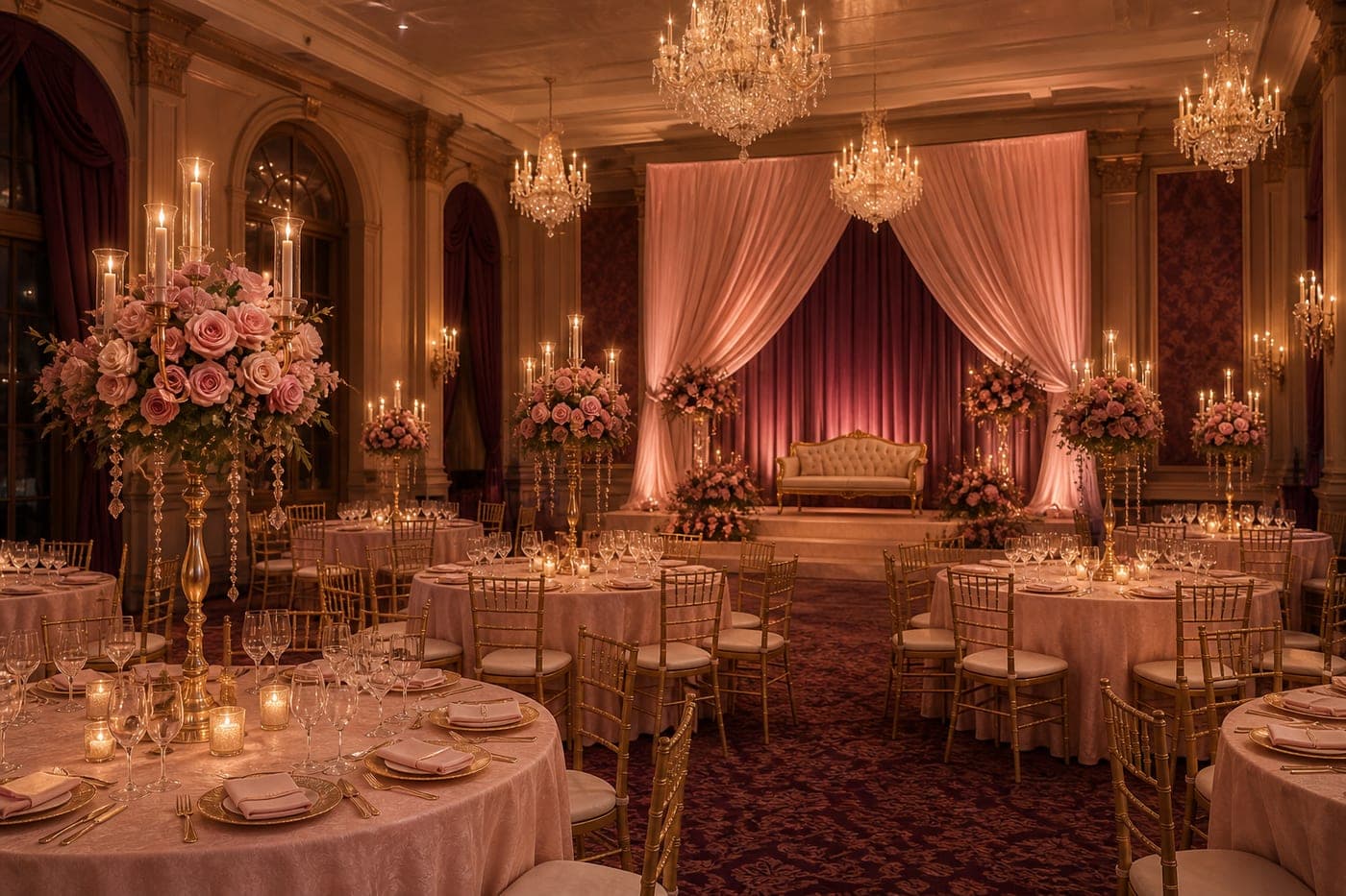 Ballroom set with round tables and warm uplighting before guests arrive