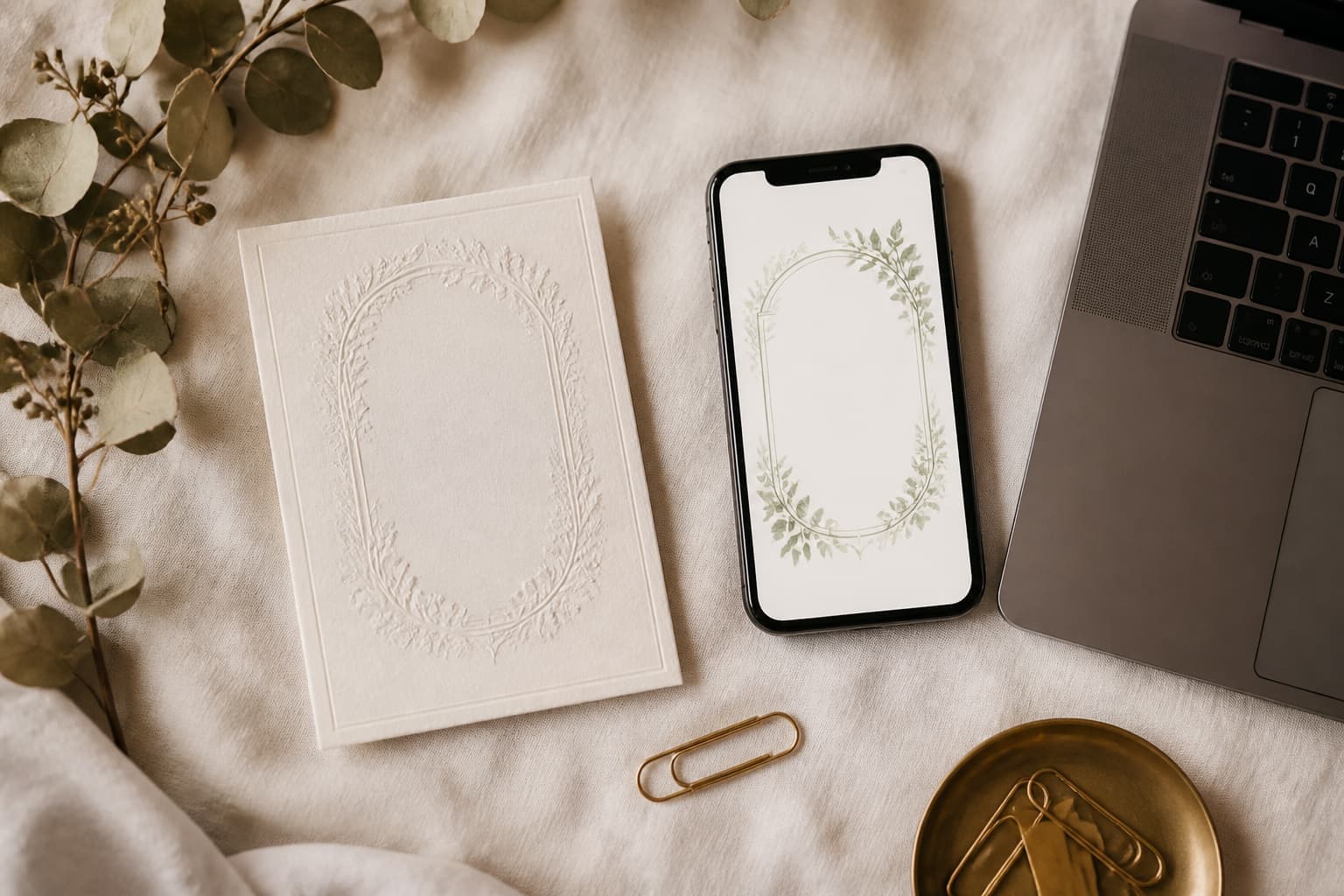 A printed invitation card, a phone showing a digital invitation and the corner of a laptop laid side by side on cream linen