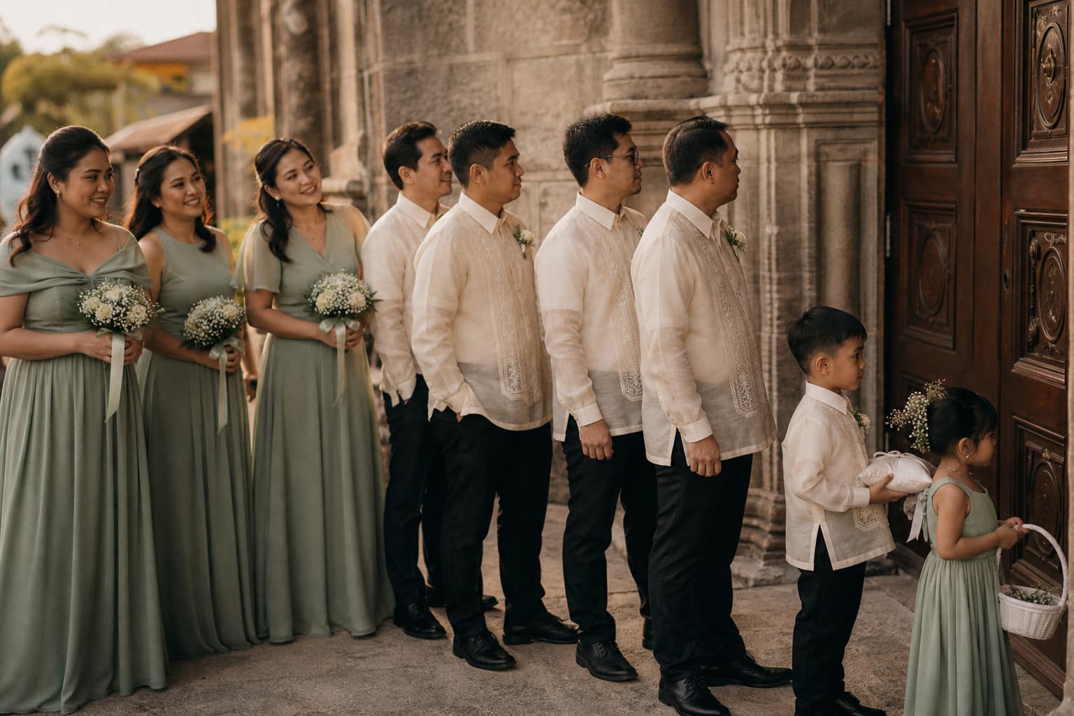 A Filipino wedding entourage waiting in a row outside a stone church, bridesmaids in sage gowns and men in cream barong, children with a ring pillow and basket
