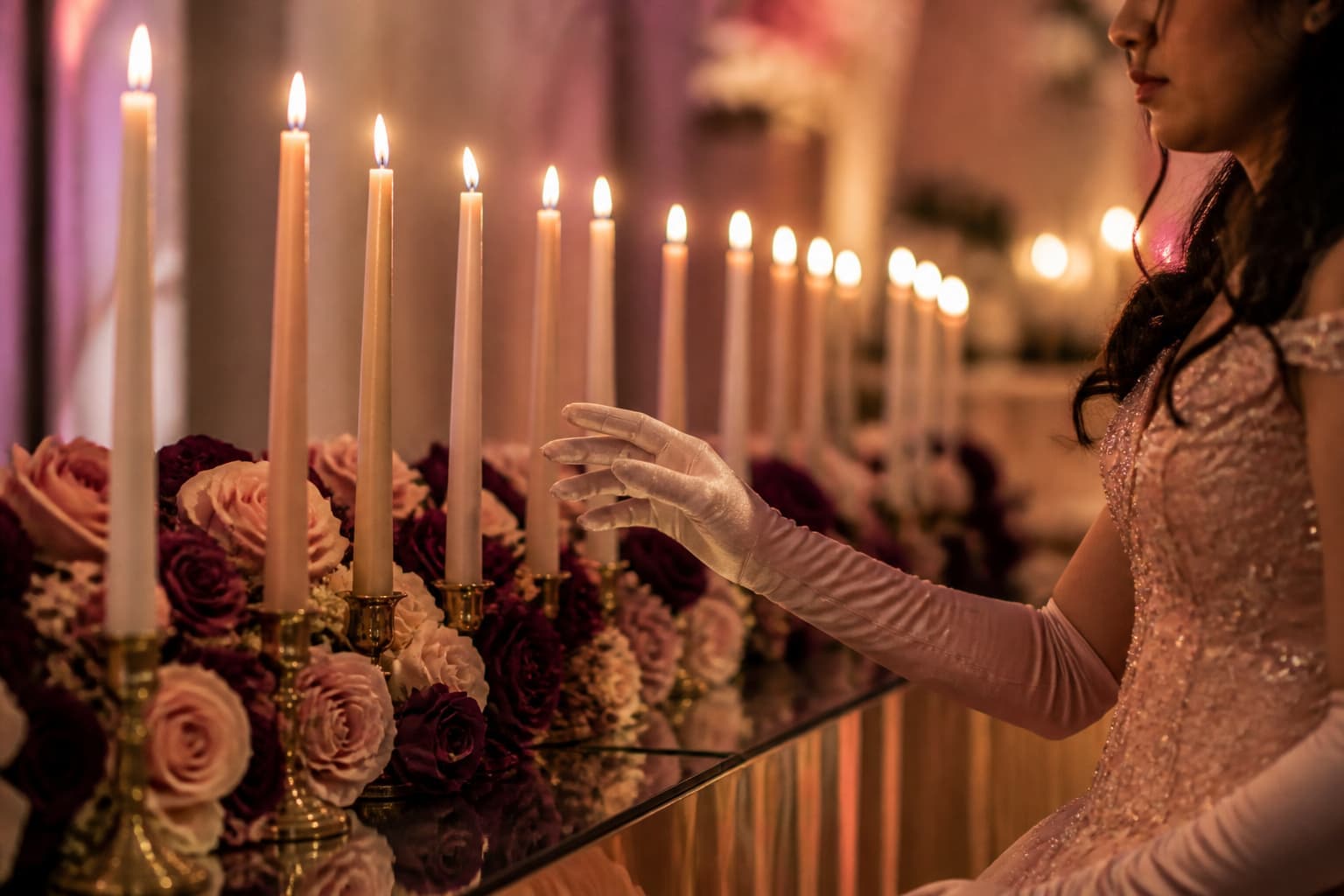 A long row of lit blush and ivory taper candles on a mirrored table with plum and champagne roses, a gloved hand reaching toward one