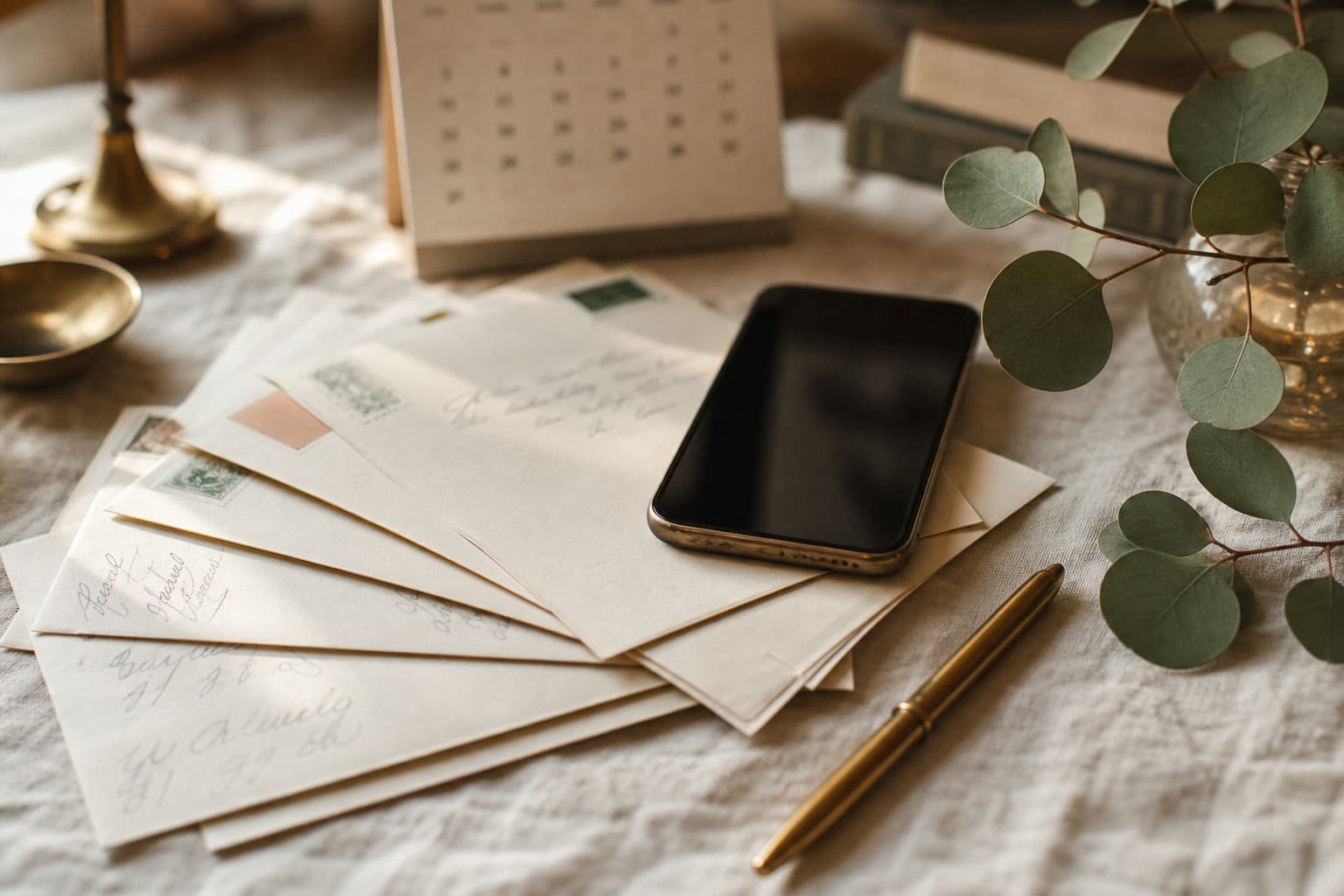 A fan of addressed cream envelopes on linen with a phone resting on top, a desk calendar behind and a brass pen alongside