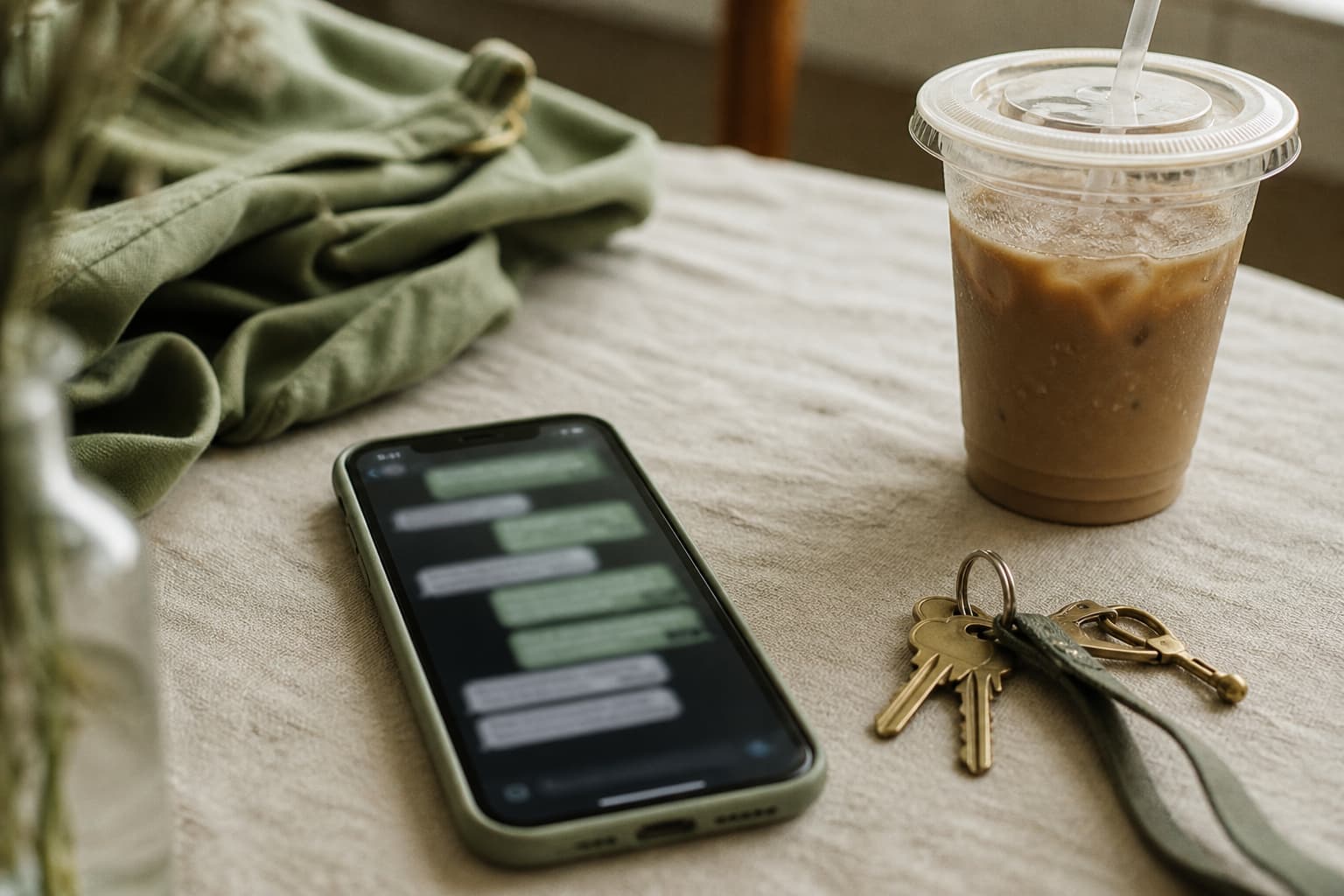 A phone on a linen tablecloth showing a long unread message thread beside a set of keys and an iced coffee